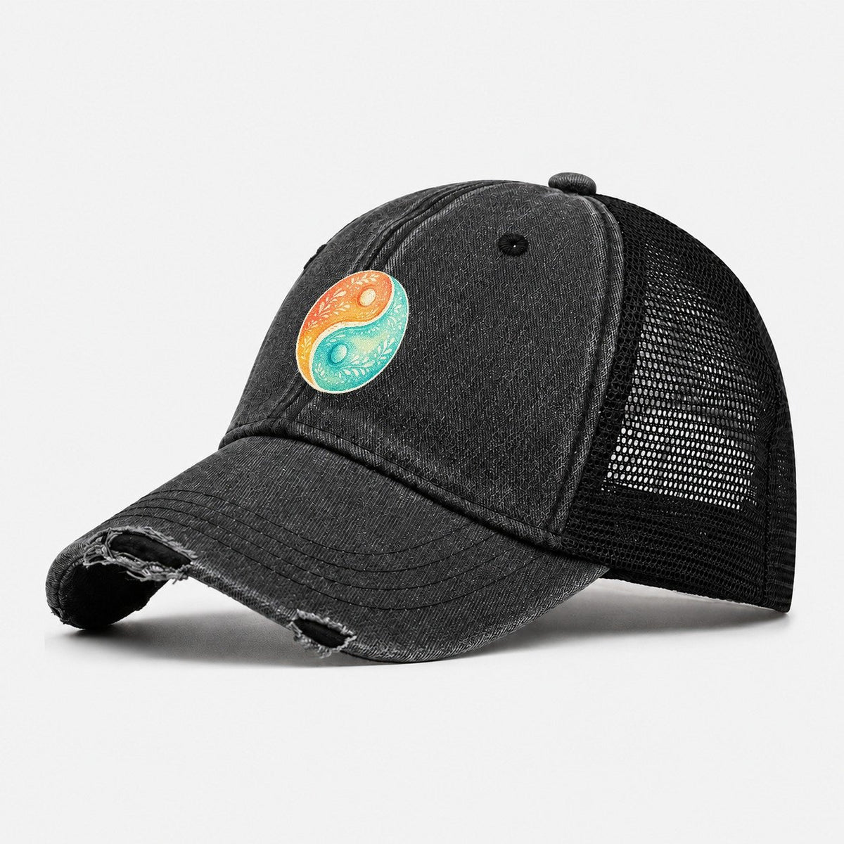 Botanical Yin Yang Washed Trucker Hat – Black