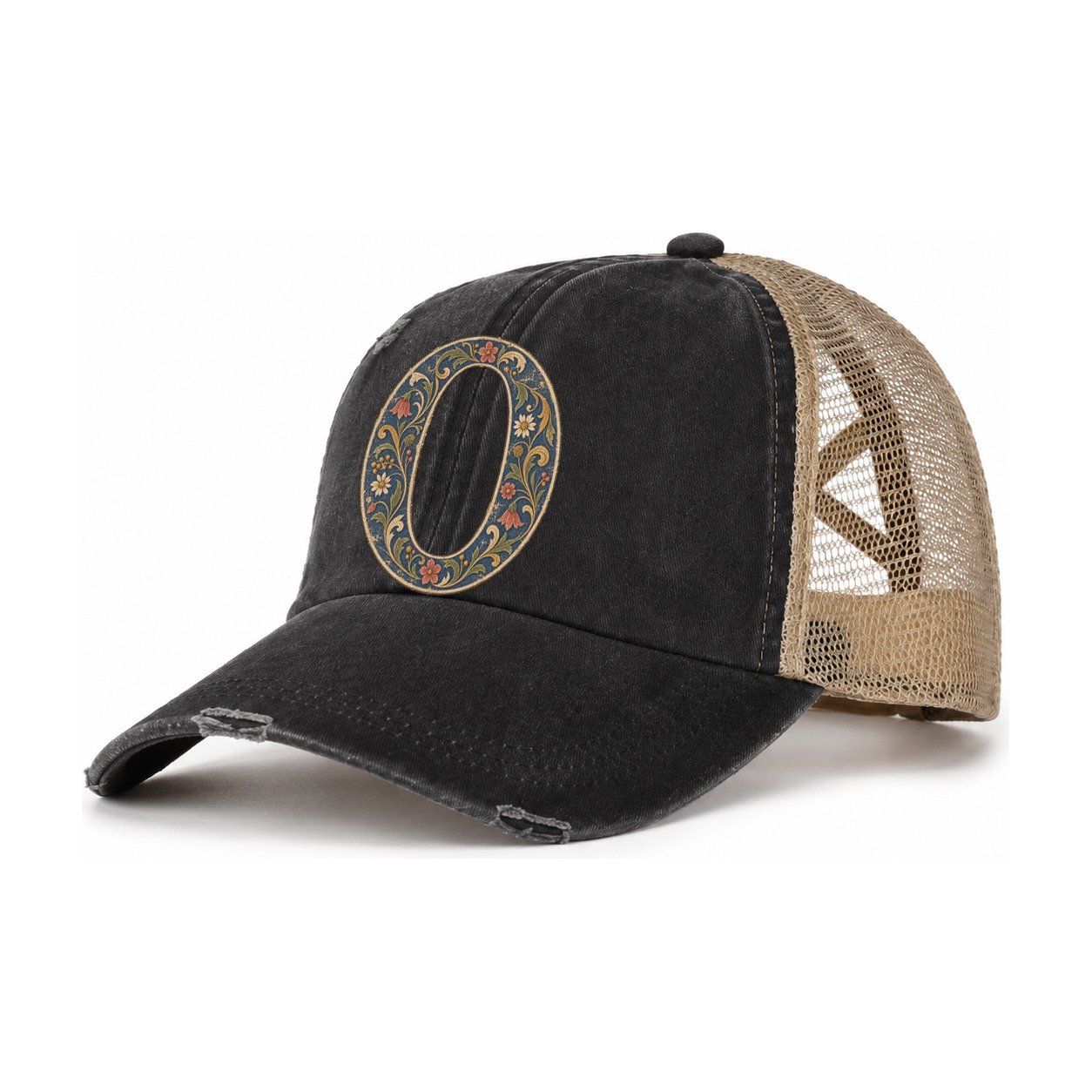 Wildflower O Monogram Women's Ponytail Trucker Hat – Washed Black Khaki