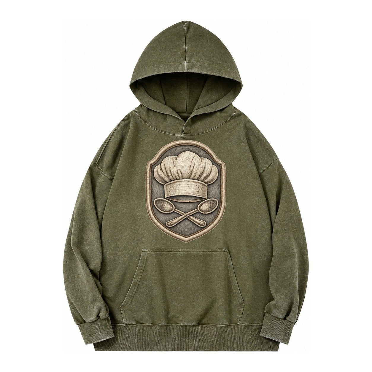 Cooking Chef Hat Toque Blanche With Crossed Spoons In Vintage Washed Hoodie – Army Green