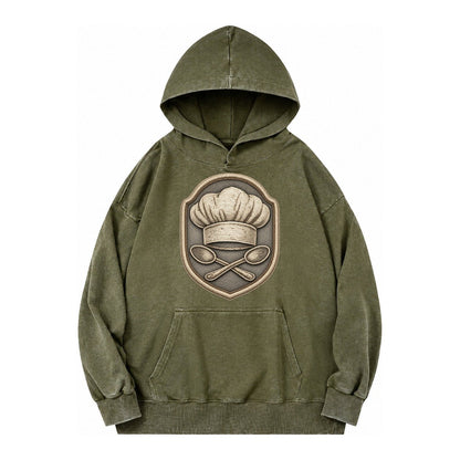 Cooking Chef Hat Toque Blanche With Crossed Spoons In Vintage Washed Hoodie – Army Green