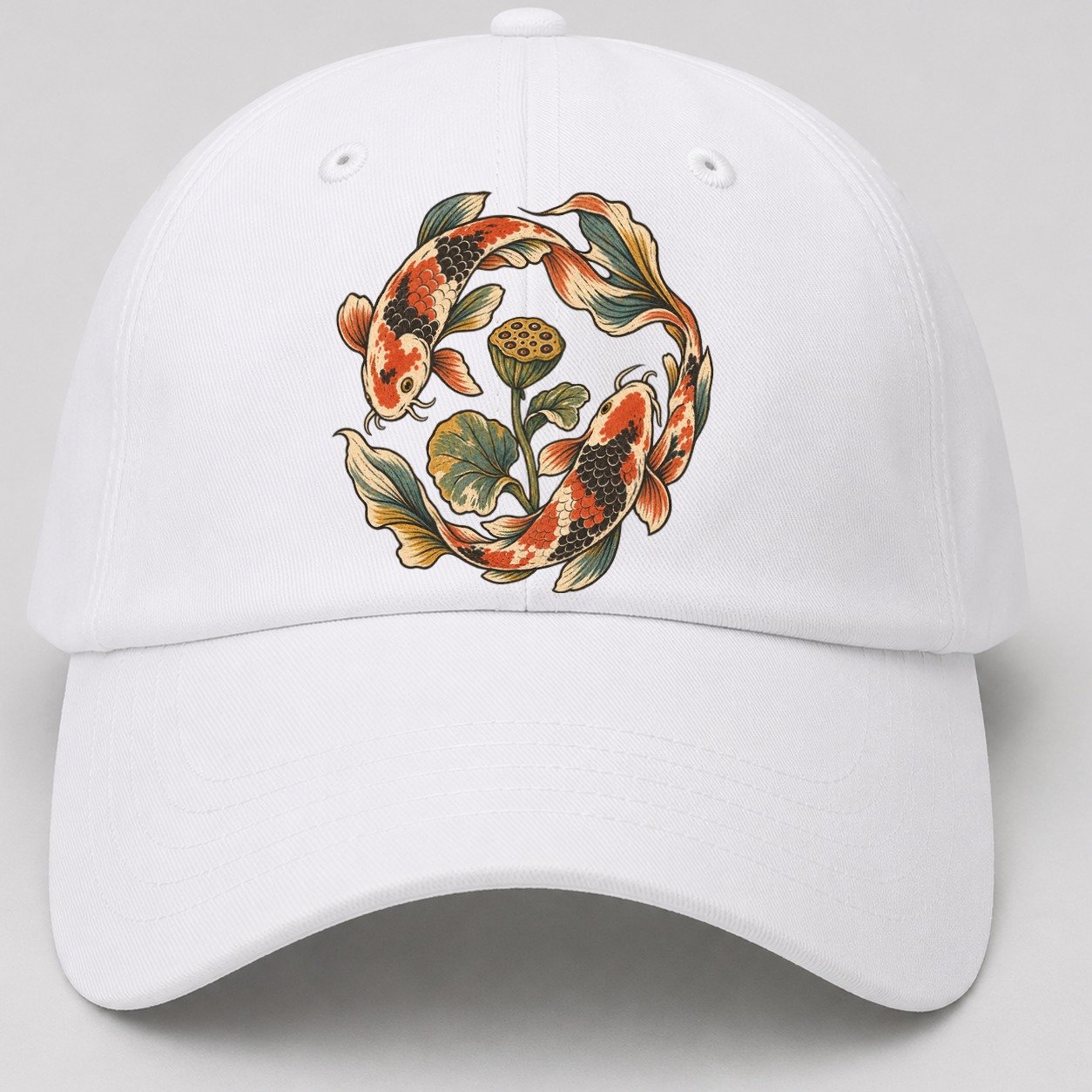 Koi Around Lotus Seedpod Gentle Wild Baseball Cap – White