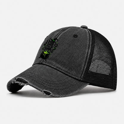 Double Double Toil And Trouble Slogan Witch Magic Washed Trucker Hat – Black