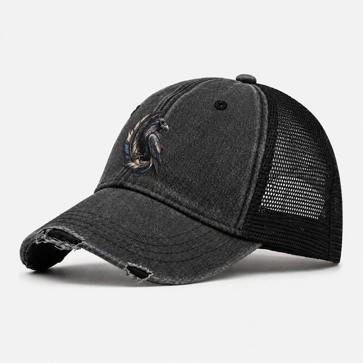 Raven Feather Spiral Everyday Originals Washed Trucker Hat – Black