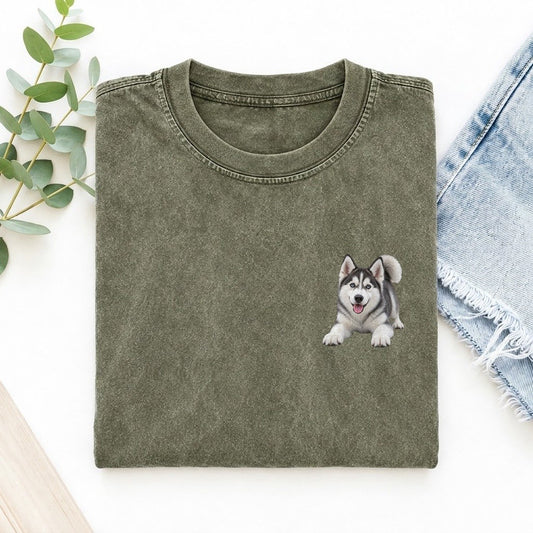 Siberian Husky Play Bow Left Chest Vintage T-shirt – Army Green
