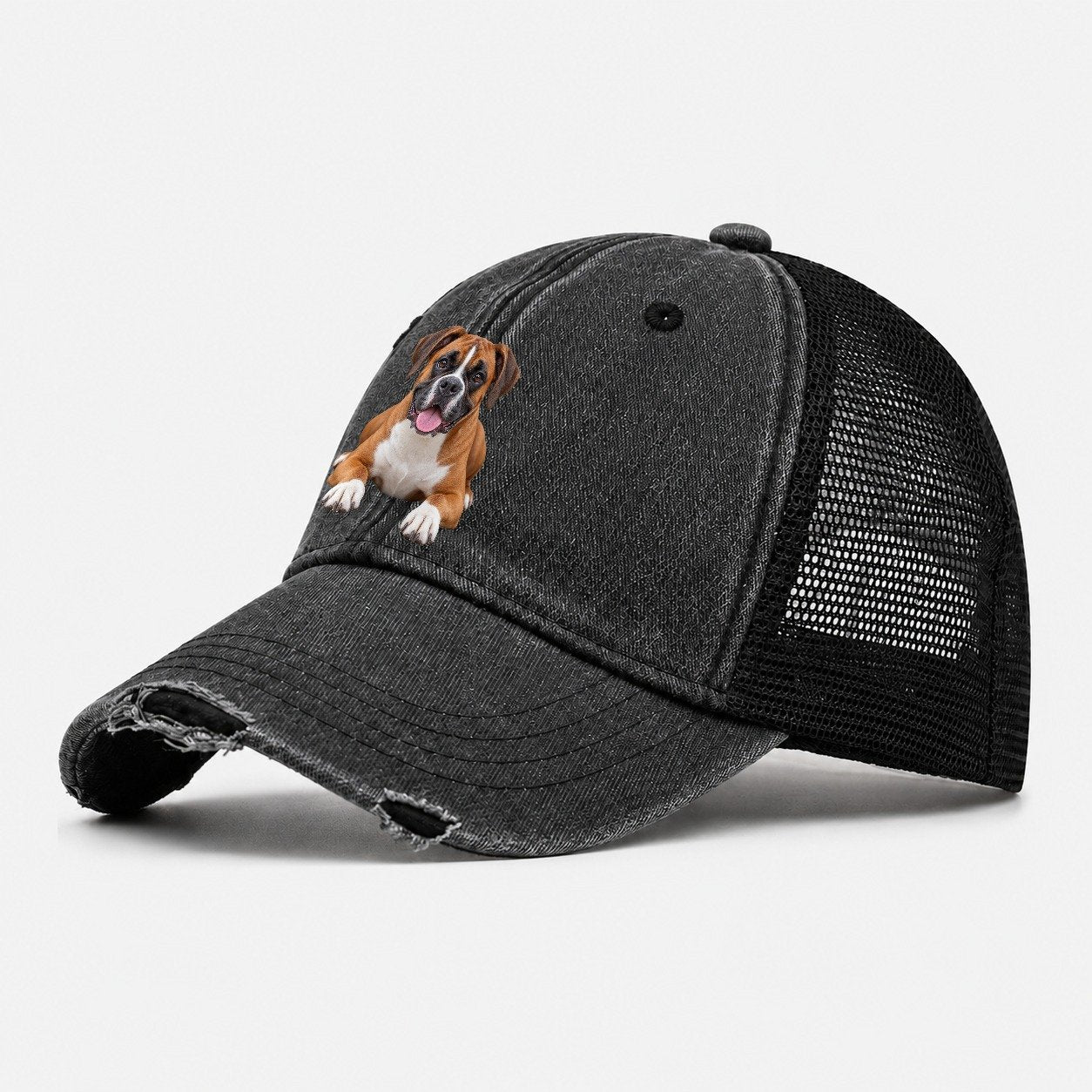 Boxer Lying Down Top Breeds Washed Trucker Hat – Black