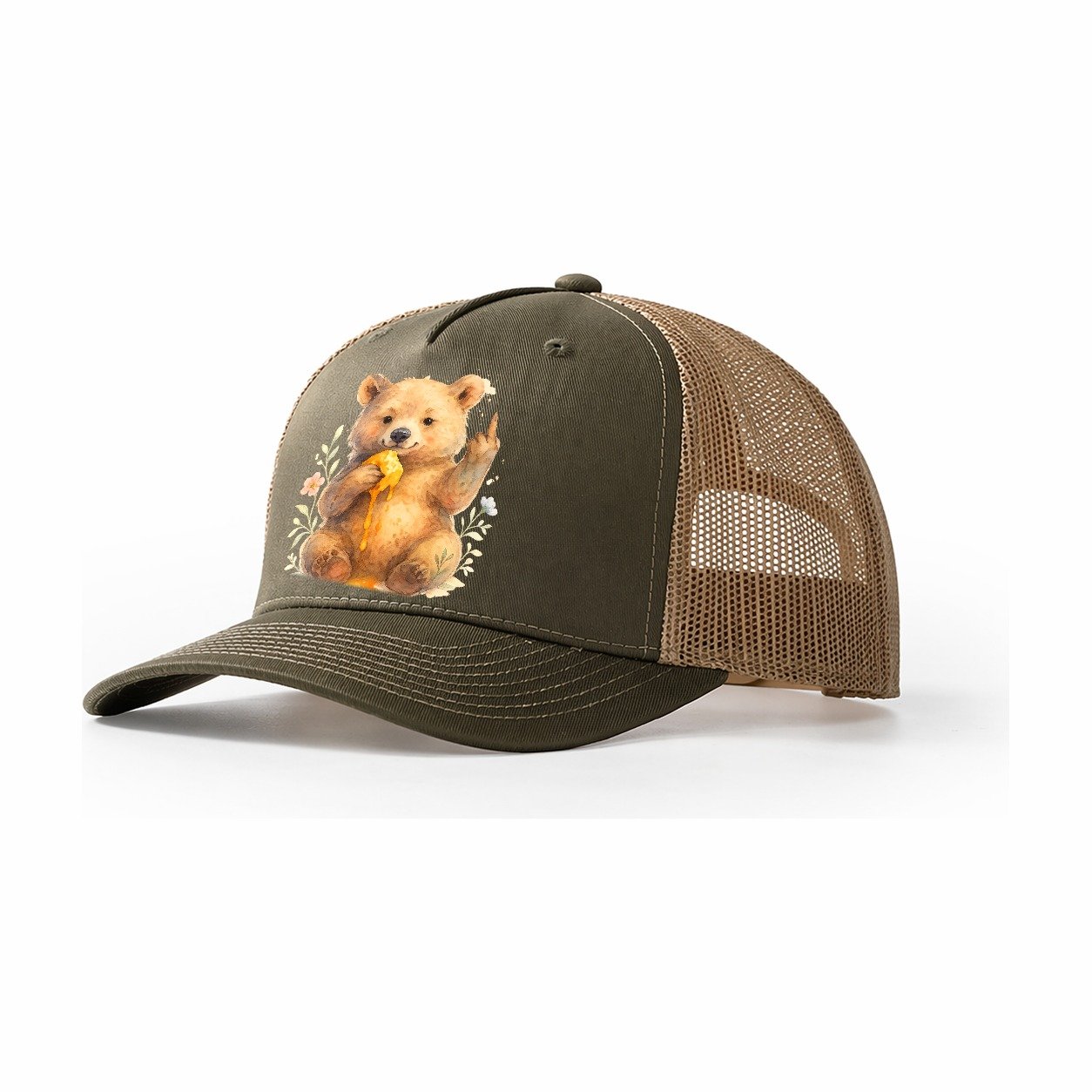 Chubby Bear Cub Eating Dripping Honey Sticky Paw Up With Mid Trucker Hat – Olive-Khaki