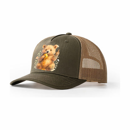 Chubby Bear Cub Eating Dripping Honey Sticky Paw Up With Mid Trucker Hat – Olive-Khaki