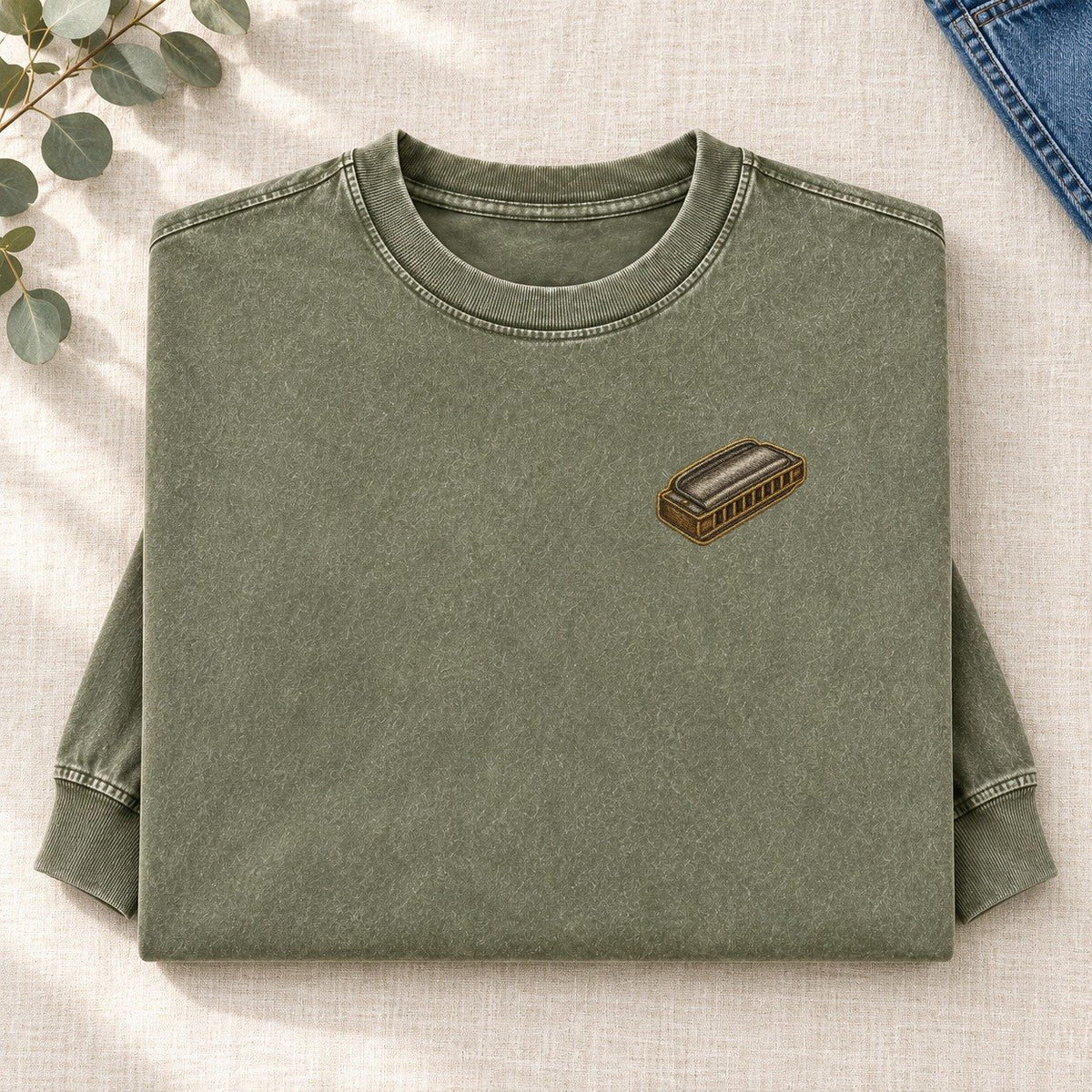 Harmonica Left Chest Washed Long Sleeve T-Shirt – Army Green