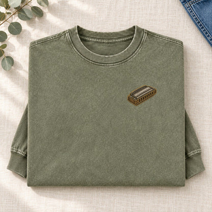 Harmonica Left Chest Washed Long Sleeve T-Shirt – Army Green