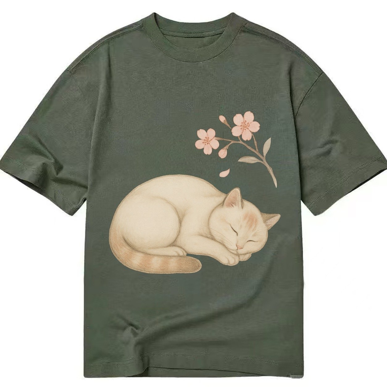 Zen Garden Cat Japanese Aesthetic Lying Peaceful Minimalist Classic T-shirt – Army Green