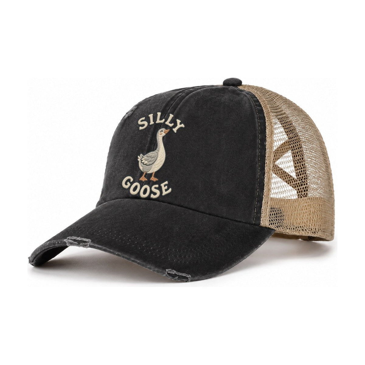 Goose Animal Puns Women's Ponytail Trucker Hat – Washed Black Khaki