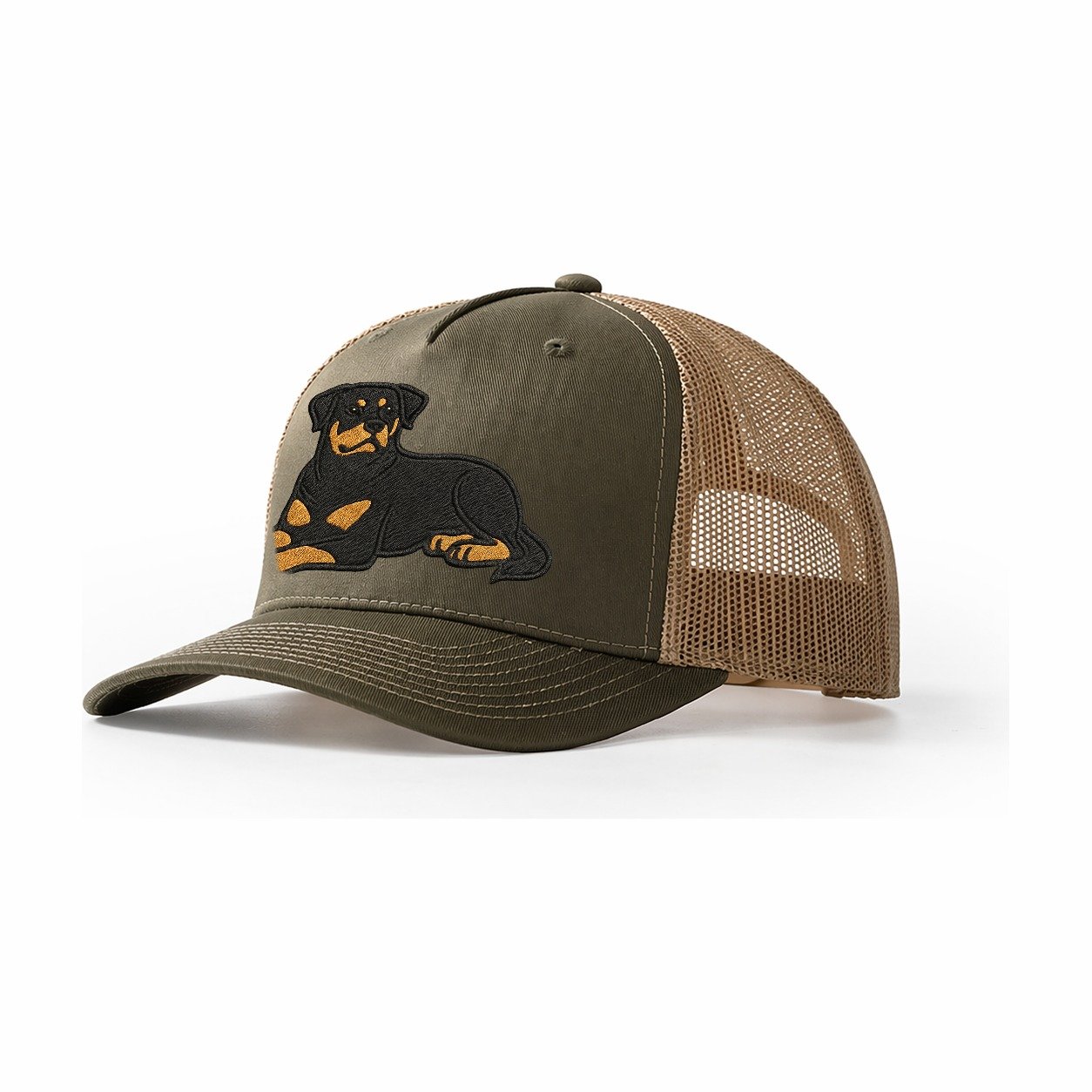 Rottweiler Black And Tan Relaxed Lying Down With Head Up Emb Trucker Hat – Olive-Khaki