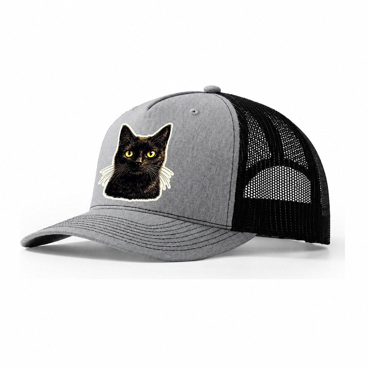 Green Eyed Black Cat Trucker Hat – Sport Grey Black