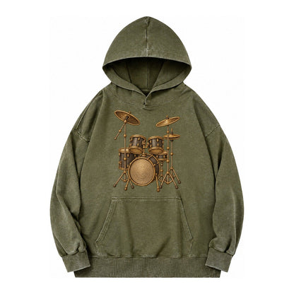 Drum Kit Vintage Washed Hoodie – Army Green