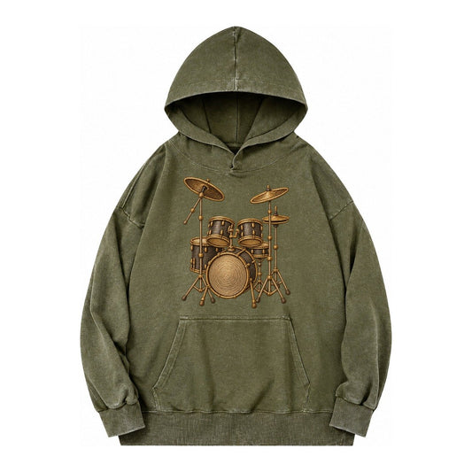 Drum Kit Vintage Washed Hoodie – Army Green