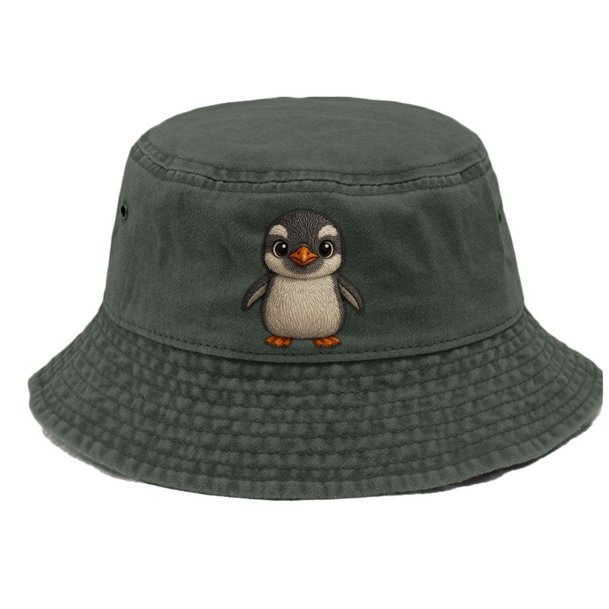 Baby Gentoo Penguin Orange Beak White Cap Bright Eyes Front Facing Energetic Vintage Bucket Hat – Army Green