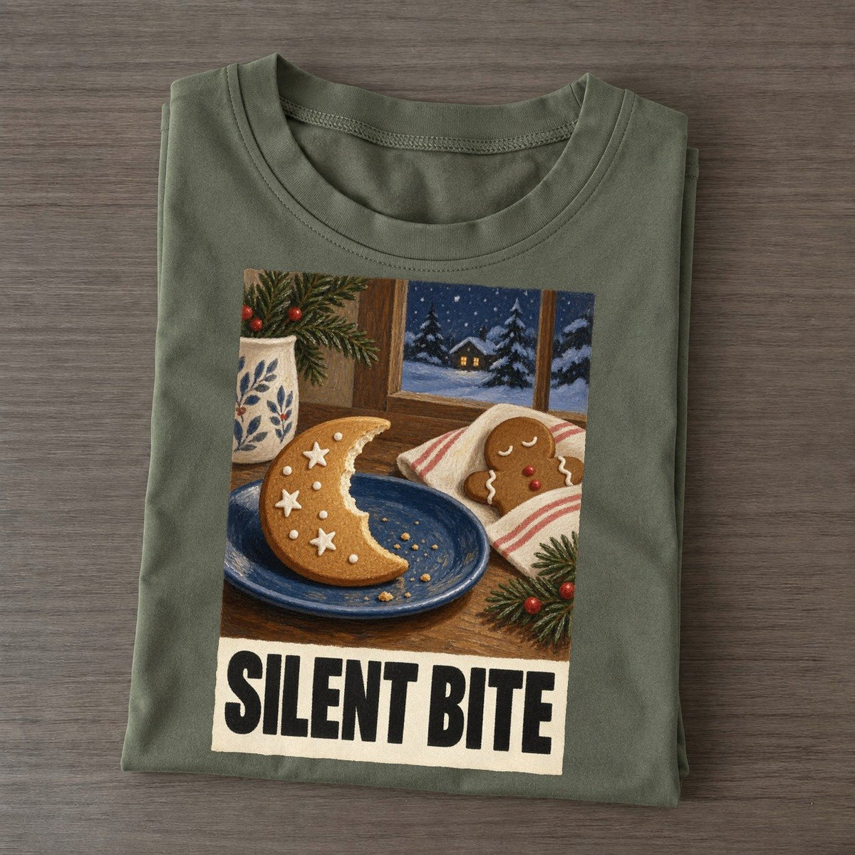 Silent Bite Painted Pop Culture Pun Classic T-shirt – Army Green