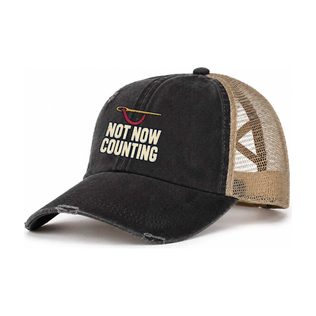 Not Now Counting Women's Ponytail Trucker Hat – Washed Black Khaki