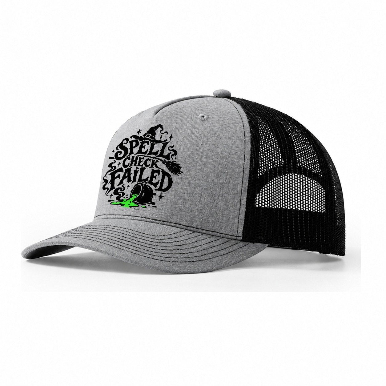 Spell Check Failed Slogan Witch Magic Trucker Hat – Sport Grey Black