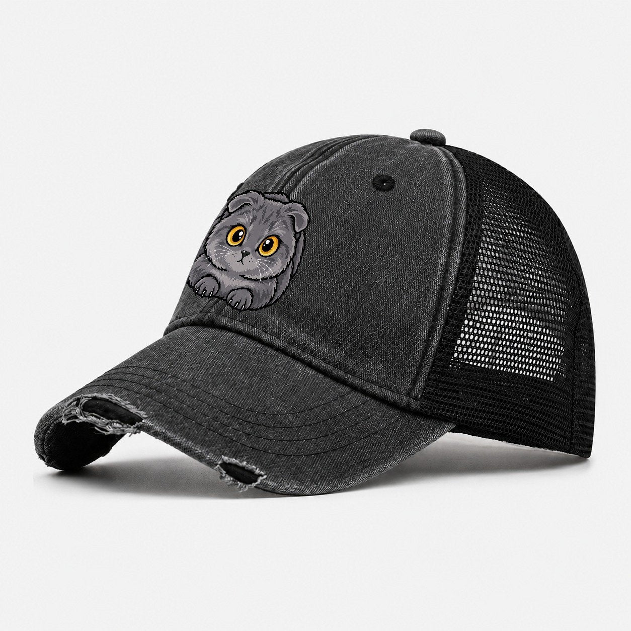 Scottish Fold Loaf Peeking Cats Washed Trucker Hat – Black