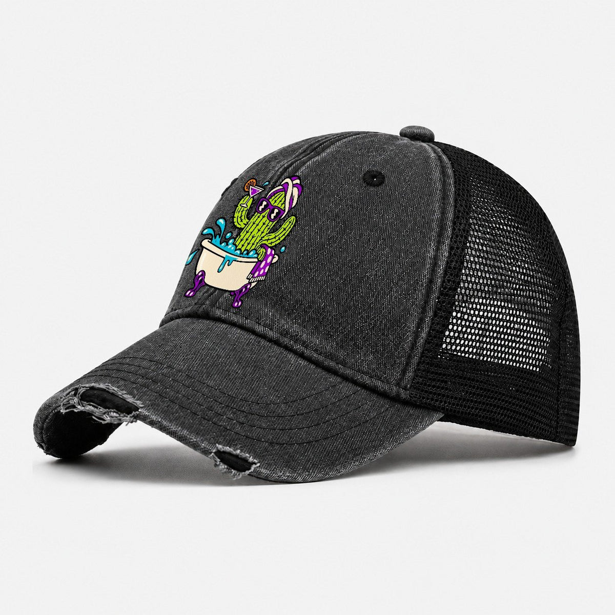 Cactus In A Bathtub Crazy Styles Washed Trucker Hat – Black