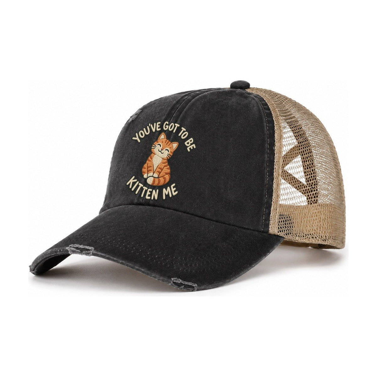 Cat Animal Puns Women's Ponytail Trucker Hat – Washed Black Khaki