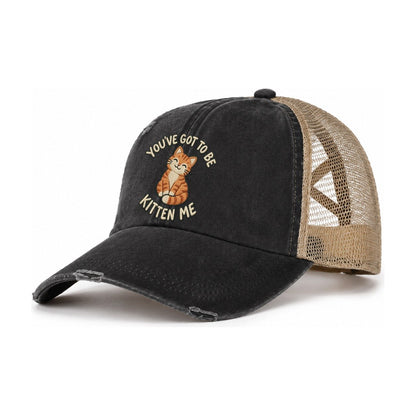 Cat Animal Puns Women's Ponytail Trucker Hat – Washed Black Khaki
