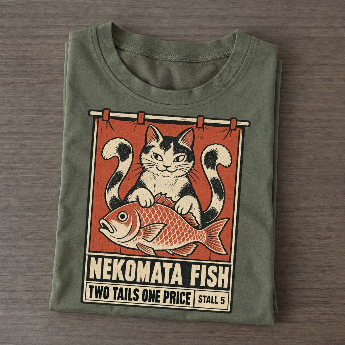 Nekomata Fish Yokai Night Market Classic T-shirt – Army Green