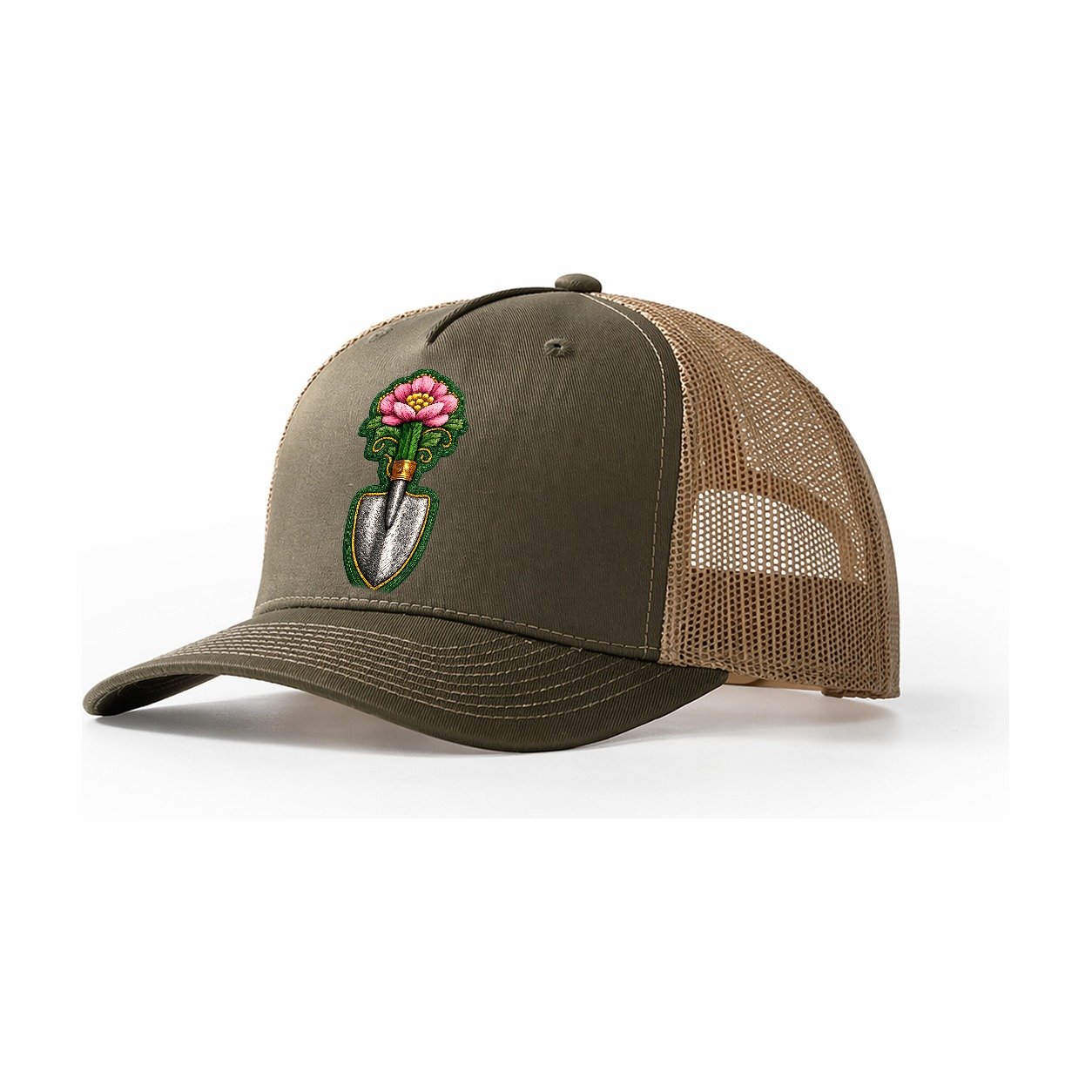 Embroidered Patch Design Gardening Trowel Flower Garden Tool Trucker Hat – Olive-Khaki