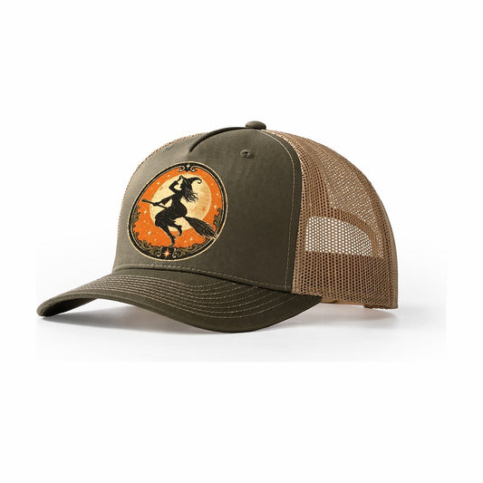 Vintage Moonlit Witch Emblem Trucker Hat – Olive Khaki