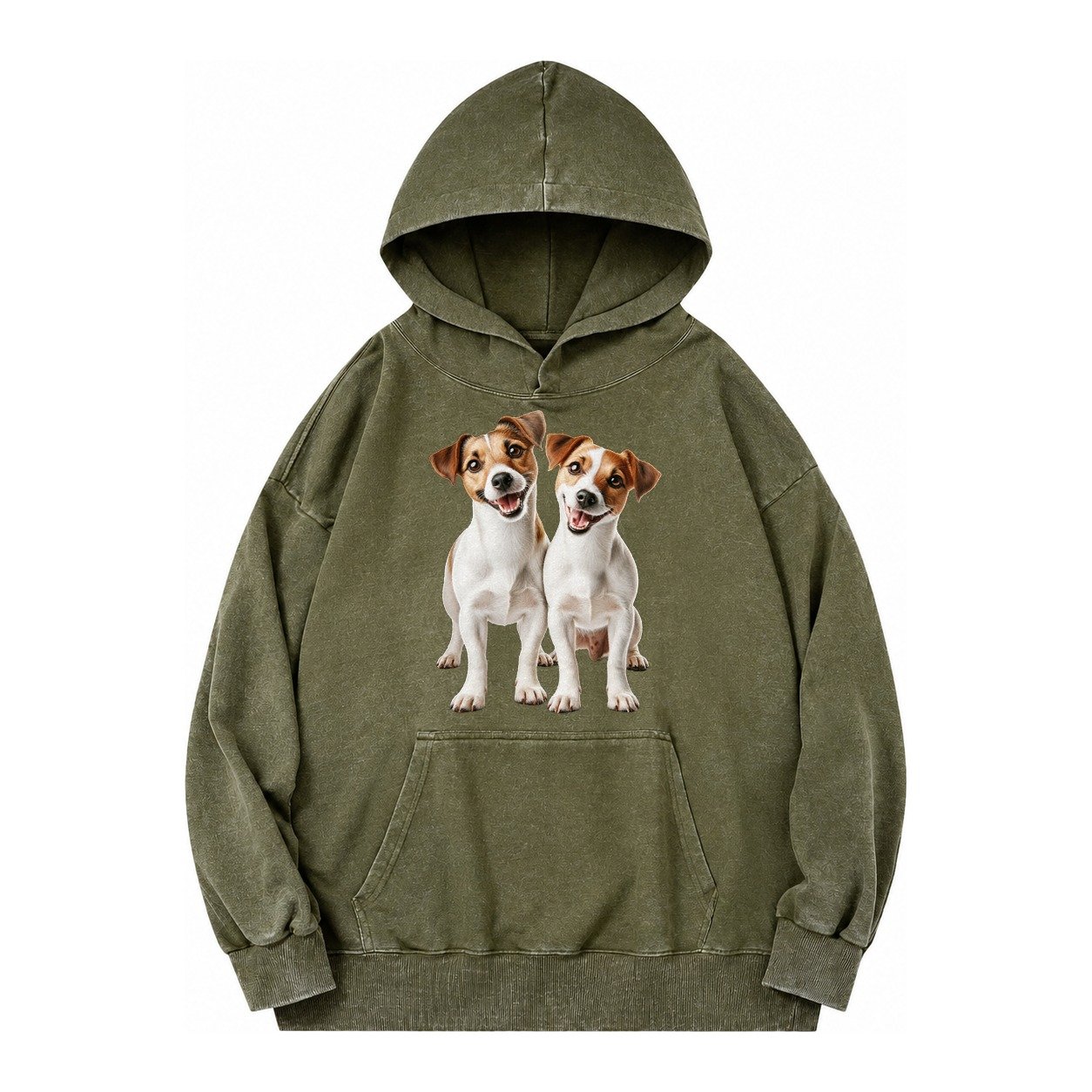 Two Jack Russels Vintage Washed Hoodie – Army Green