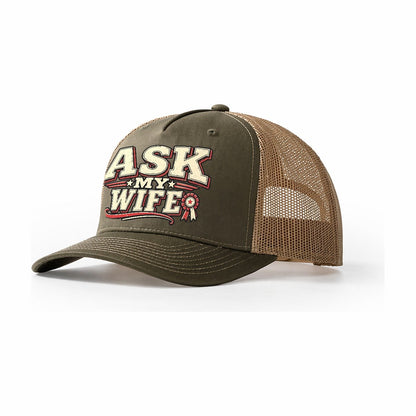Ask My Wife American Wit Trucker Hat – Olive Khaki