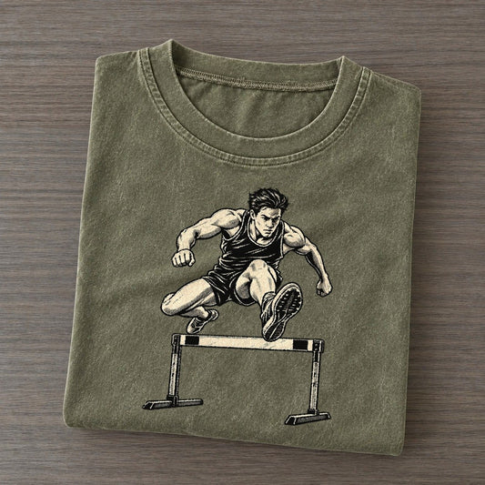 Hurdler Clearing The Bar Global Sports Ink Figures Vintage T-shirt – Army Green