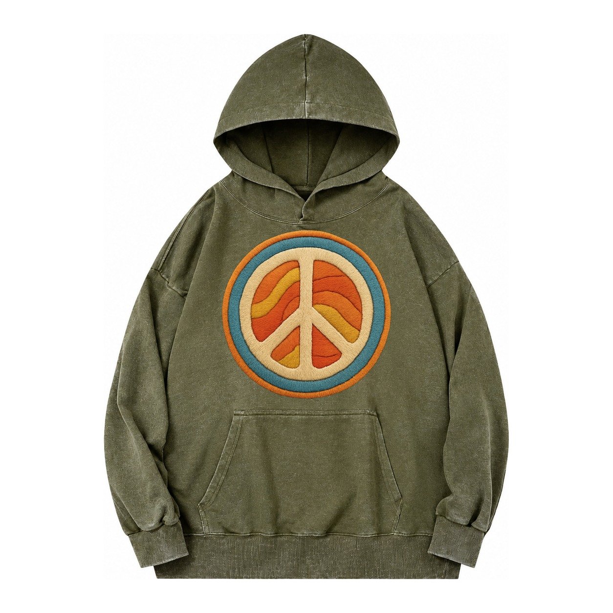 Retro Peace Harmony Vintage Washed Hoodie – Army Green