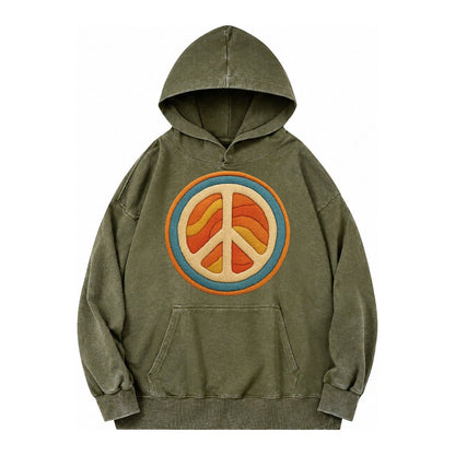 Retro Peace Harmony Vintage Washed Hoodie – Army Green