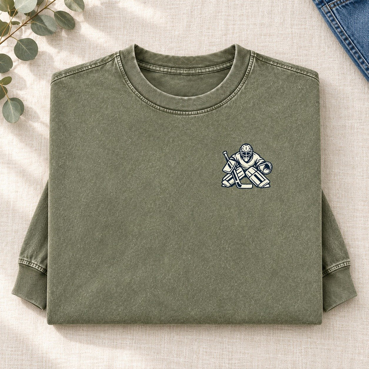 Hockey Goalie Left Chest Washed Long Sleeve T-Shirt – Army Green
