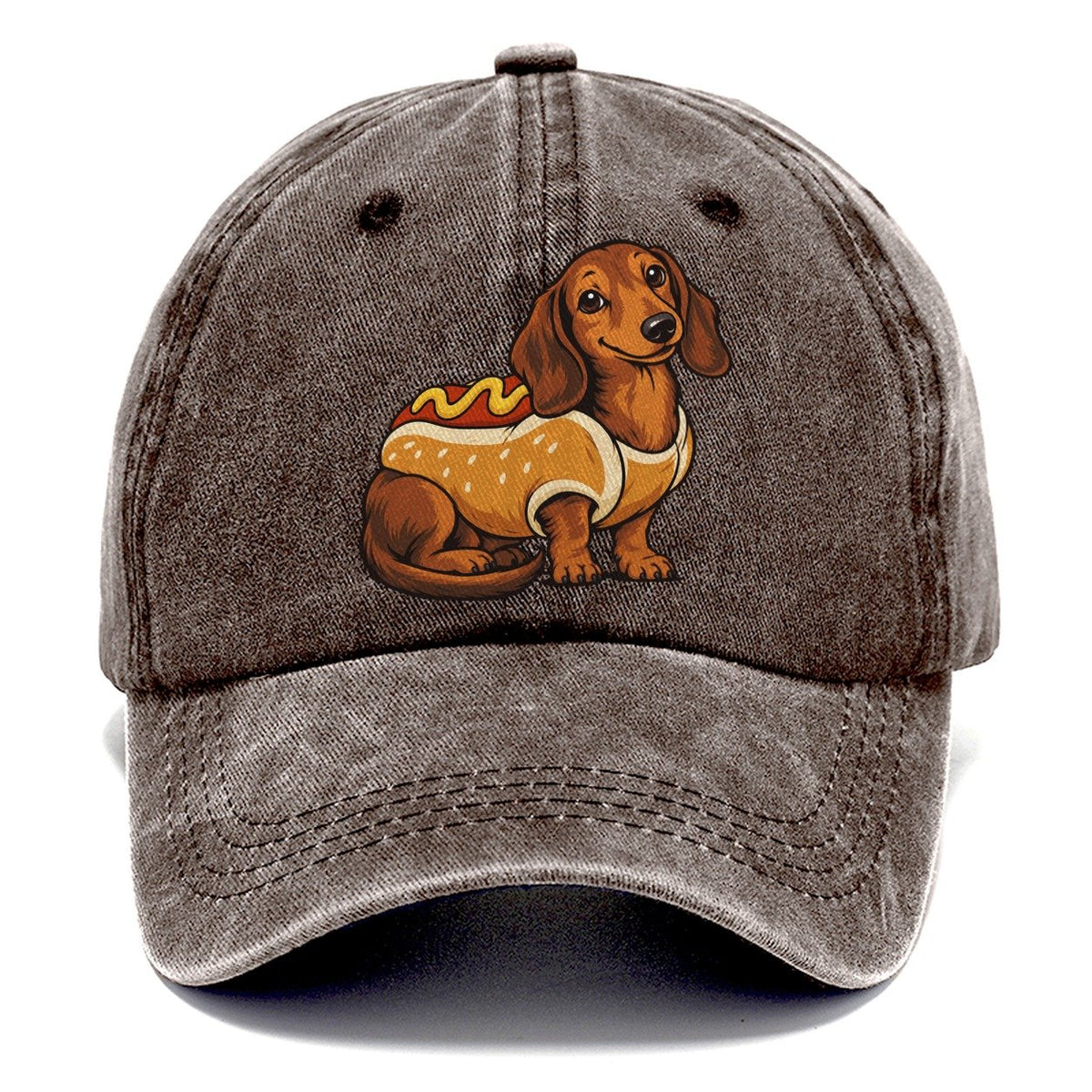 One Dachshund In Halloween Costume Hot Dog Bun Costume With Mustard Squiggle Halloween Dog Parade Classic Cap – Brown