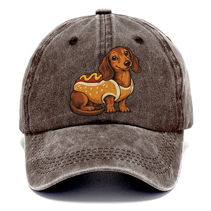 One Dachshund In Halloween Costume Hot Dog Bun Costume With Mustard Squiggle Halloween Dog Parade Classic Cap – Brown