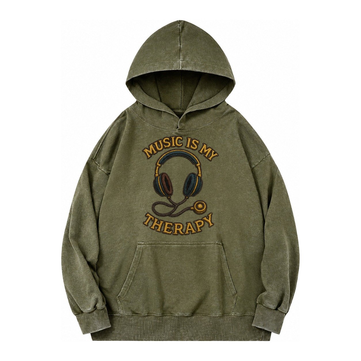 Music Is My Therapy Vintage Washed Hoodie – Army Green