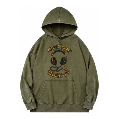 Music Is My Therapy Vintage Washed Hoodie – Army Green