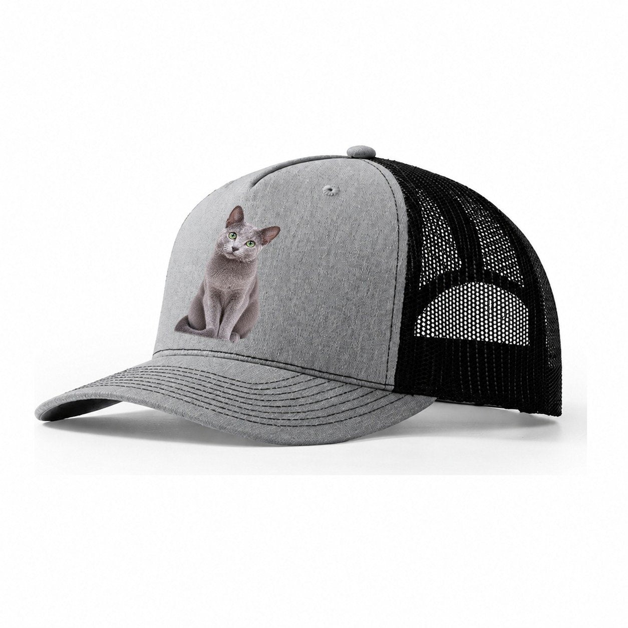 Russian Blue Seated Portrait Realistic Cat Portrait Trucker Hat – Sport Grey Black