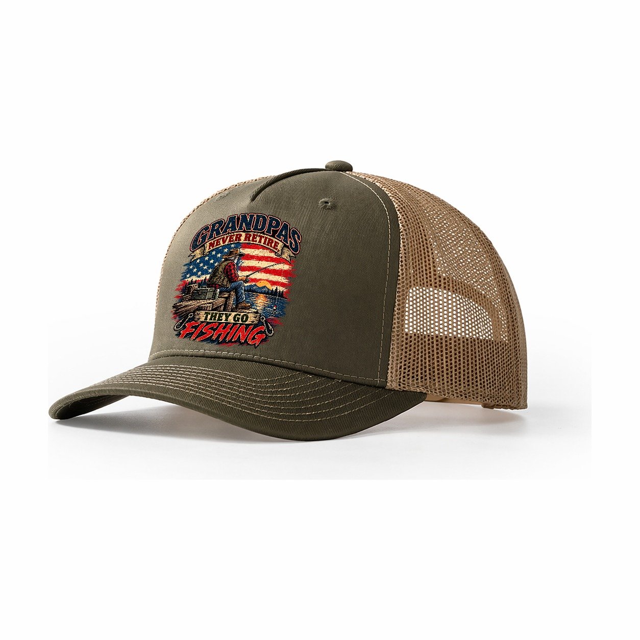 Grandpas Never Retire They Go Fishing Old Man Strong Trucker Hat – Olive Khaki