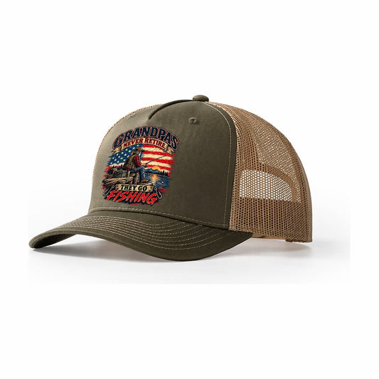 Grandpas Never Retire They Go Fishing Old Man Strong Trucker Hat – Olive Khaki