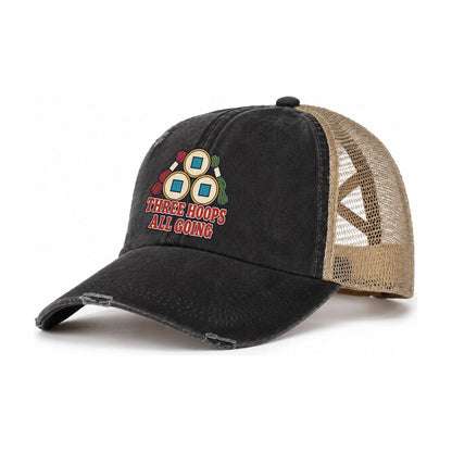 Three Hoops All Going And Needlework Women's Ponytail Trucker Hat – Washed Black Khaki