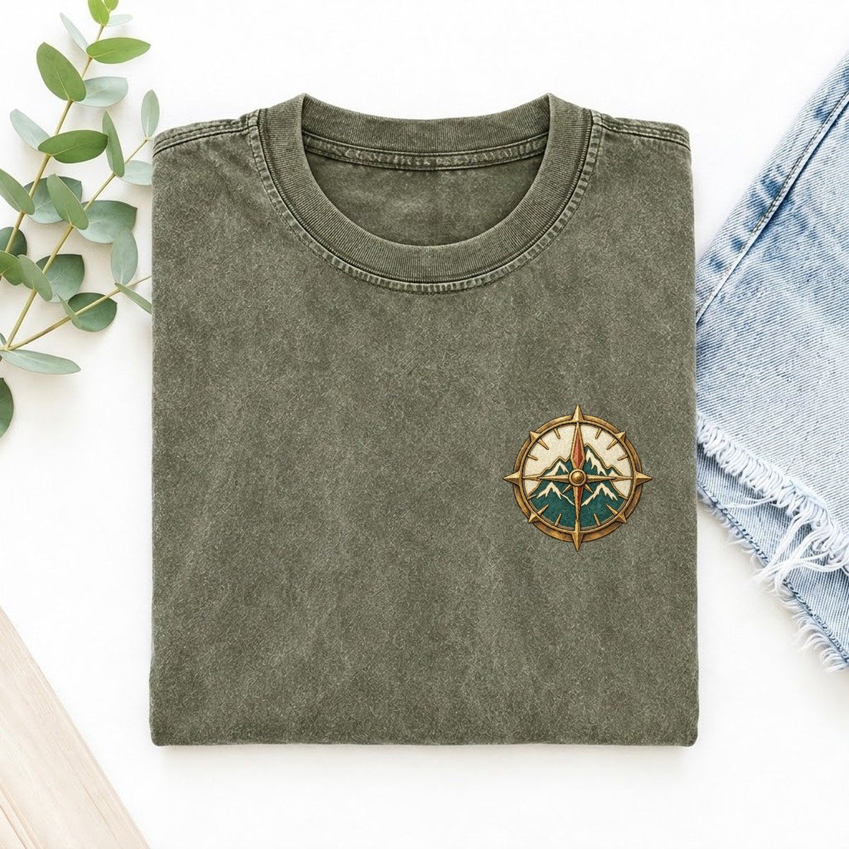 Mountain Compass Fold Keepsake Emblem Left Chest Vintage T-shirt – Army Green