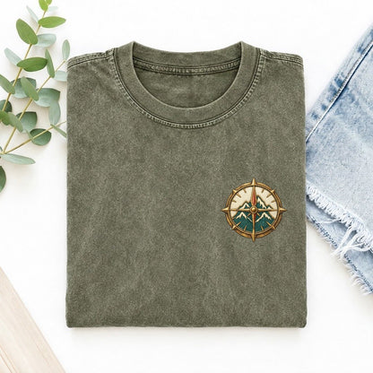 Mountain Compass Fold Keepsake Emblem Left Chest Vintage T-shirt – Army Green