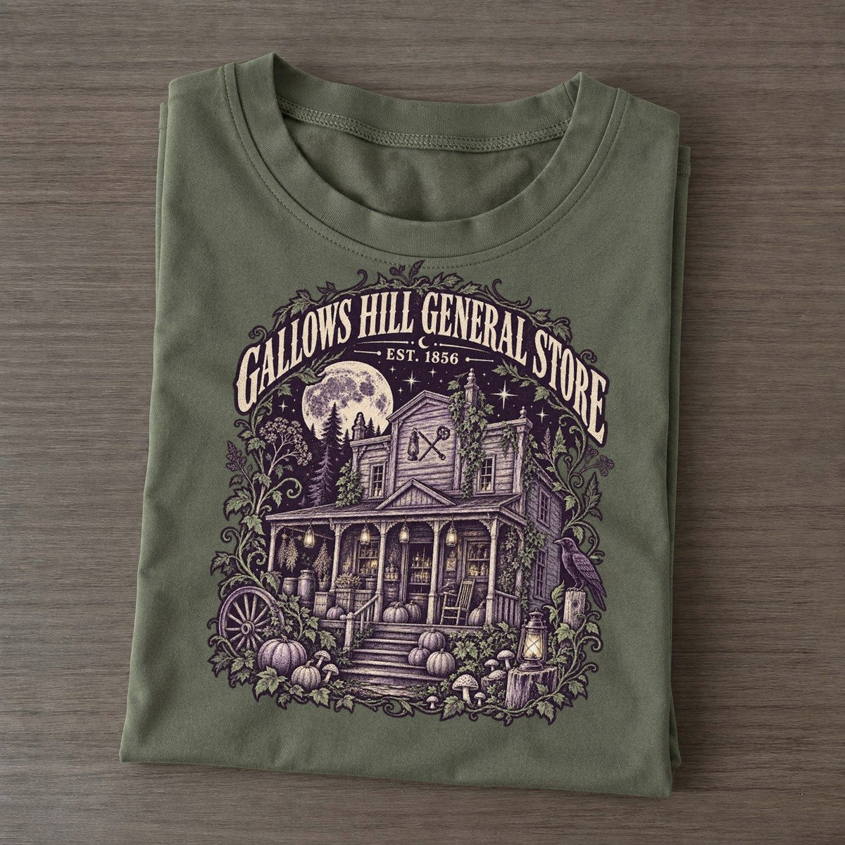 Gallows Hill General Store Midnight Haunt Classic T-shirt – Army Green