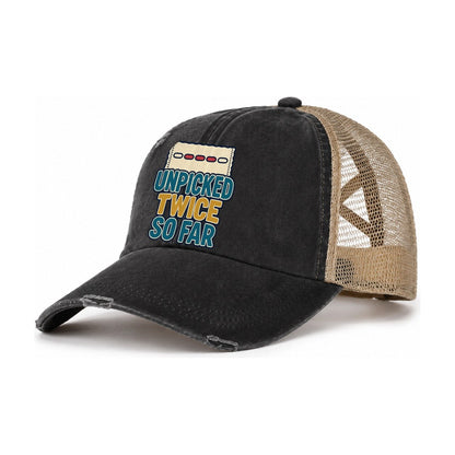 Unpicked Twice So Far And Needlework Women's Ponytail Trucker Hat – Washed Black Khaki