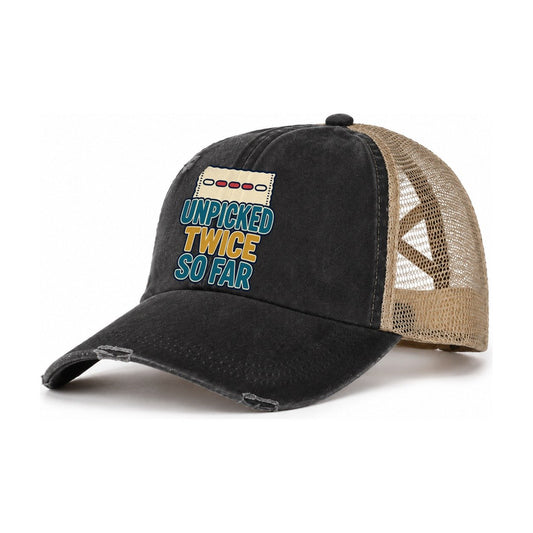 Unpicked Twice So Far And Needlework Women's Ponytail Trucker Hat – Washed Black Khaki