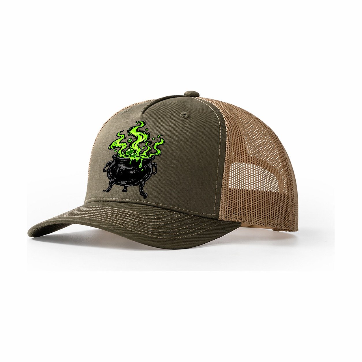 Bubbling Cauldron Witch Magic Trucker Hat – Olive Khaki
